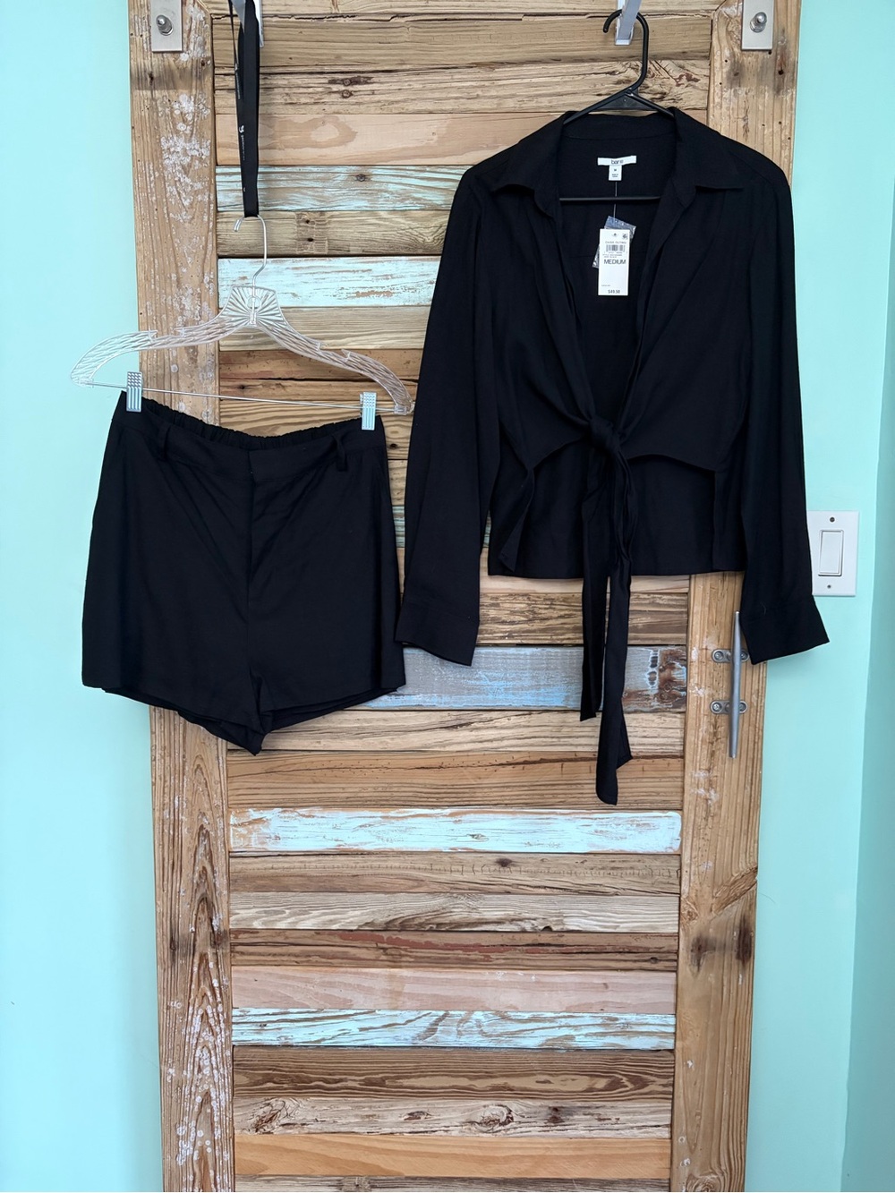 Bar III NWT Black Linen Tie Front Blouse & Shorts 2 Piece Set S/M Macy’s